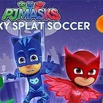 Tre animerade superhjältar i färgglada dräkter framför en stadssilhuett med texten Sticky Splat Soccer