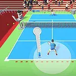 Två tecknade tennisspelare på en blå och grön tennisbana med publik i bakgrunden