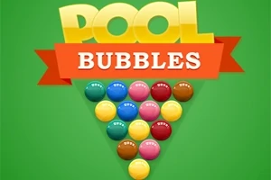 Färgglada bubbelliknande bollar arrangerade i ett triangelmönster mot en grön bakgrund med texten POOL BUBBLES