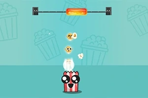 En tecknad popcornlåda med ett ansikte och poppande popcorn under en uppvärmd stav mot en blå bakgrund med popcornmotiv