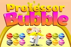 Tecknad bild av en professor med stor gul mustasch, omgiven av färgglada bollar och texten Professor Bubble