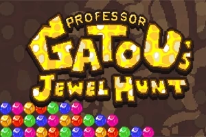 Texten Professor Gatous Jewel Hunt i gyllene bokstäver med färgglada juveler längst ner mot en brun bakgrund