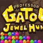 Texten Professor Gatous Jewel Hunt i gyllene bokstäver med färgglada juveler längst ner mot en brun bakgrund