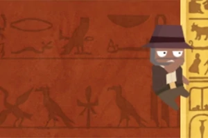 Tecknad figur med hatt klättrar på en gul pelare med hieroglyfer mot en röd bakgrund med forntida egyptiska symboler