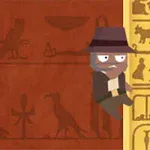 Tecknad figur med hatt klättrar på en gul pelare med hieroglyfer mot en röd bakgrund med forntida egyptiska symboler