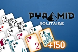 Kort med spelkortsymboler i pyramidformation med texten Pyramid Solitaire och ett poängvärde av +150