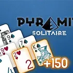 Kort med spelkortsymboler i pyramidformation med texten Pyramid Solitaire och ett poängvärde av +150