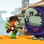 En tecknad karaktär med hatt och gevär står inför en stor grön zombie i lila tröja på en sandig ökenscen med cowboytema
