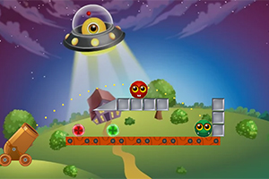 En tecknad landskapsscen med ett UFO som lyser ner på ett kulligt landskap, två färgglada bollar på en plattform och ett kanon bredvid