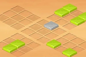Isometrisk spelbräda med fyrkantiga rutor, gröna block och en grå bricka i mitten