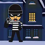 Tecknad figur klädd som inbrottstjuv med randig tröja och mask, står framför ett mörkt hus