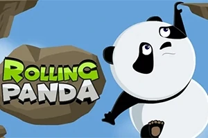 En tecknad panda klättrar mellan klippor med texten Rolling Panda i bakgrunden