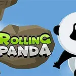 En tecknad panda klättrar mellan klippor med texten Rolling Panda i bakgrunden