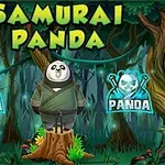 En panda klädd som samuraj står på en stubbe i en skog med texten Samurai Panda ovanför