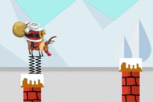Tomte på en ren med en fjäderstuds mellan skorstenar i ett snöigt landskap