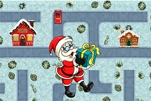 Tomte i röd dräkt bär en blå julklapp i en labyrint med snötäckta stugor och dekorativa buskar
