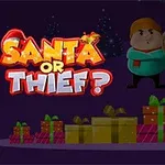 En tecknad jultomte i tjuvdräkt står framför en hög med julklappar medan två tecknade figurer tittar på i bakgrunden