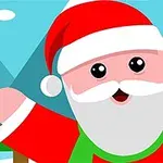 Tecknad jultomte i röd dräkt vinkar framför snötäckta berg och granar