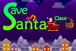 Texten Save Santa Claus med tecknade bilder av tomten i en släde dragen av en ren, med snötäckta träd och hus i förgrunden mot en mörk himmel