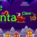 Texten Save Santa Claus med tecknade bilder av tomten i en släde dragen av en ren, med snötäckta träd och hus i förgrunden mot en mörk himmel