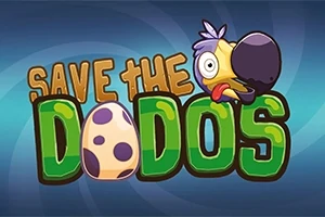 Tecknad dodo-fågel med ett färgglatt ägg och texten Save the Dodos på en blå bakgrund