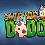 Tecknad dodo-fågel med ett färgglatt ägg och texten Save the Dodos på en blå bakgrund