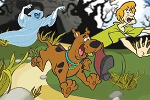 En tecknad scen där en skräckslagen man och en hund springer bort från ett spöke i en mörk skogsmiljö