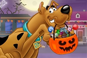 Tecknad hund som håller en Halloween-pumpa full med godis i munnen framför ett spöklikt hus