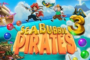 Två tecknade pirater och en papegoja svävar ovanför färgglada bubblor med en stor titeltext i förgrunden och ett piratskepp samt en ö i bakgrunden