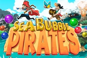 Två pirater i färgglada kläder med en papegoja, svävande över en stor titeltext med färgglada bubblor i bakgrunden