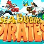 Två pirater i färgglada kläder med en papegoja, svävande över en stor titeltext med färgglada bubblor i bakgrunden
