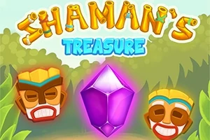 Texten Shamans Treasure i färgglada bokstäver med två masker och en stor lila kristall i mitten, mot en djungelbakgrund