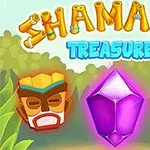 Texten Shamans Treasure i färgglada bokstäver med två masker och en stor lila kristall i mitten, mot en djungelbakgrund