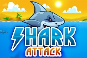 En tecknad haj som tittar upp från vattnet med texten Shark Attack och en solig himmel i bakgrunden