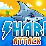 En tecknad haj som tittar upp från vattnet med texten Shark Attack och en solig himmel i bakgrunden