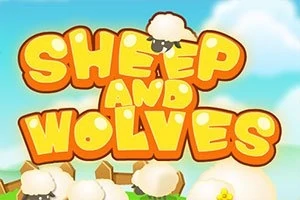 Tecknad text med Sheep and Wolves i gula bokstäver över en bakgrund med blå himmel och vita moln