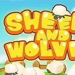 Tecknad text med Sheep and Wolves i gula bokstäver över en bakgrund med blå himmel och vita moln