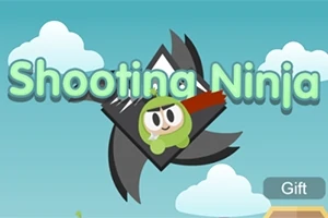 Tecknad ninjafigur i grönt med röd scarf framför en svart shuriken och texten Shooting Ninja på en blå himmel med moln