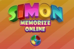 Färgglad text som säger SIMON MEMORIZE ONLINE på en randig orange bakgrund med en flerfärgad cirkel under