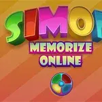 Färgglad text som säger SIMON MEMORIZE ONLINE på en randig orange bakgrund med en flerfärgad cirkel under