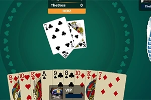Spelkortsinteraktion med två kort på bordet och en handfull kort i spel, inklusive hjärter och ruter