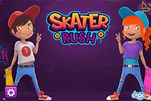 Två tecknade karaktärer i hip-hop-kläder gör fredstecken framför texten Skater Rush på en färgglad bakgrund