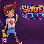 Två tecknade karaktärer i hip-hop-kläder gör fredstecken framför texten Skater Rush på en färgglad bakgrund