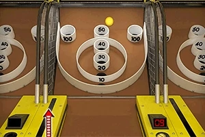 En gul boll rullar mot en bowlingliknande måltavla med poängringar och digital poängräknare, omgiven av gula kanter