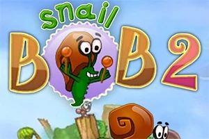 Tecknad snigel med stora ögon och orange snäcka framför texten Snail Bob 2 på en blå bakgrund