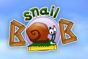 Tecknad bild av en snigel med brun snäcka och texten Snail Bob mot en blå bakgrund