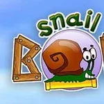 Tecknad bild av en snigel med brun snäcka och texten Snail Bob mot en blå bakgrund