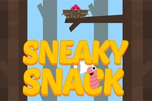 Stor gul text SNEAKY SNACK med en tecknad rosa mask framför och en fågel i ett bo på en gren i bakgrunden