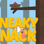 Stor gul text SNEAKY SNACK med en tecknad rosa mask framför och en fågel i ett bo på en gren i bakgrunden