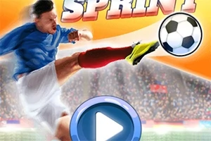 En fotbollsspelare i blå tröja och vita shorts sparkar en fotboll, med en stor play-knapp i förgrunden och texten SPRINT ovanför